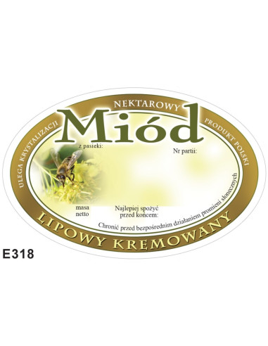 ETYKIETY OWALNE NA MI&Oacute;D KREMOWANY LIPOWY 92X60...