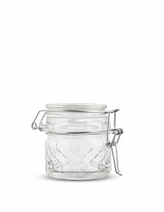 Szklany słoik z wieczkiem mechanicznym, szklanym, zdobiony.