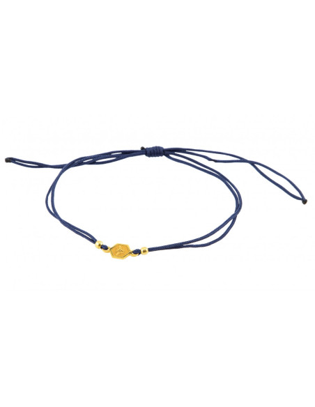 Bransoletka z Pszczołą na Heksagonie - Srebro Złocone, Granatowy Sznurek