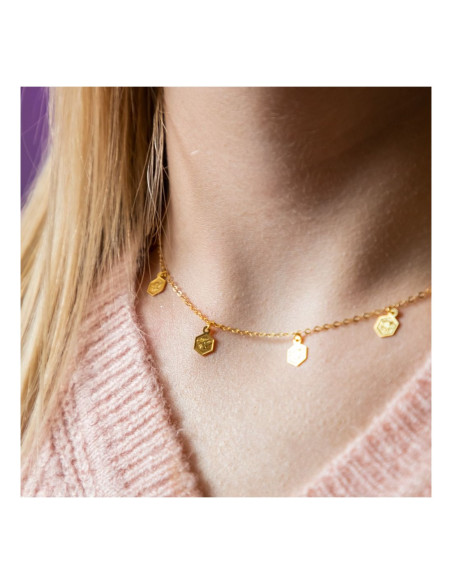 Naszyjnik z Zawieszkami Pszczołami na Heksagonie - Srebro Złocone