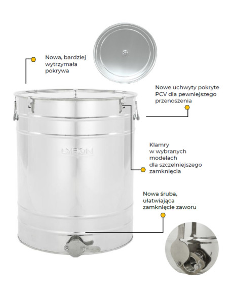 Odstojnik nierdzewny 50 l / ~70 kg, zaw&oacute;r nierdzewny 6/4", uchwyty, klamry, uszczelka &ndash; CLASSIC